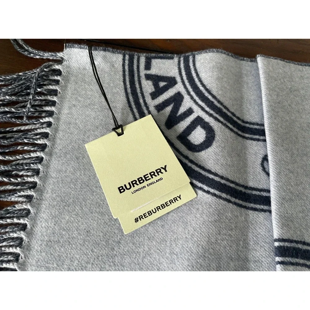 Burberry Roundal Scarf, 100% wool, Reversible Navy Blue and Light Blue Logo